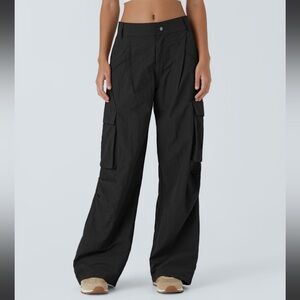 Mid Rise Button Zipper Side Pocket Wide Leg Casual Cargo Pants